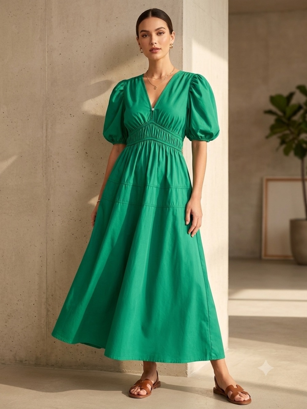 Sissyaki Emerald Green Puff Sleeve Maxi Dress Smocked Waist Size Small